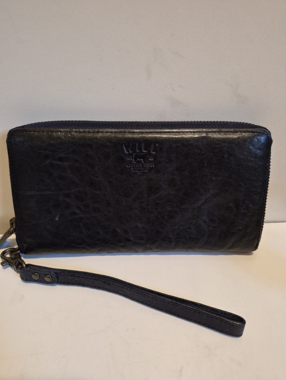 Will Leather Goods Black Leather Zip Around Clutch Wallet/ Wristlet Ret.$145